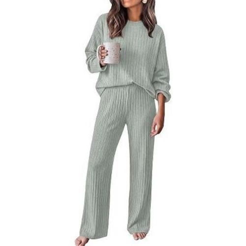 Ekouaer Lounge Sets for Women Ribbed Long Sleeve Mock Neck 2 Piece Outfit Taupe XL
