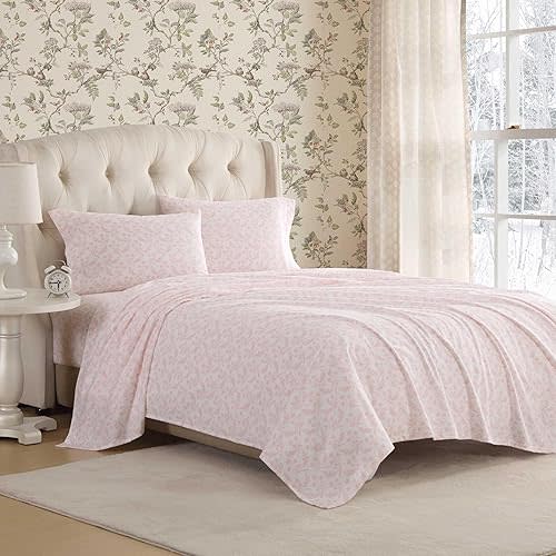 Laura Ashley - Twin Bed Sheets, Cotton Flannel Bedding Set with Matching Pillowcase, Brushed for Extra Softness, Deep Pocket, Oeko-Tex Certified (Antoinette Pink)