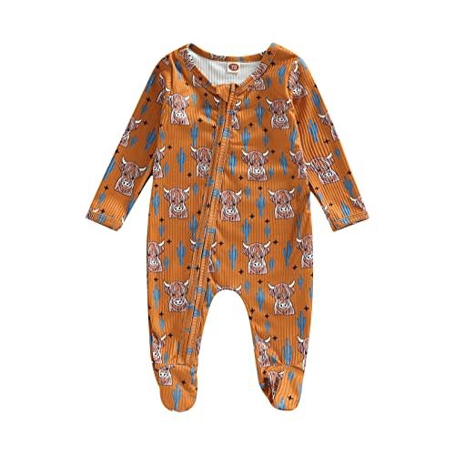 Amiblvowa Newborn Baby Boy Girl One Piece Footies Ribbed Zipper Romper Jumpsuit Long Sleeve Cow Print Outfit Western Clothes (Brown Bull, 0-3 Months)