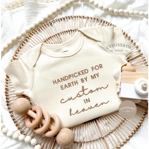 Embroidered Hand Picked for earth by My Custom In Heaven Baby Onesies®, Custom Name in Heaven Onesie® pregnancy announcement, In memory