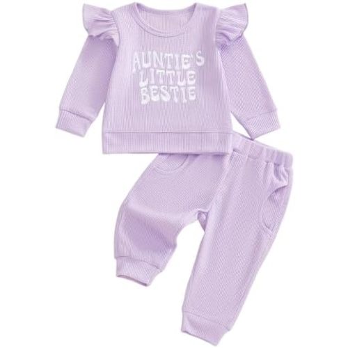 XRTBMN Aunties Bestie Baby Outfit Toddler Girl Long Sleeve Pullover Tops and Waffle Pants Set 2Pcs Infant Fall Winter Clothes