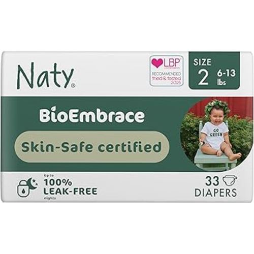 Naty BioEmbrace Baby Newborn Diapers | Sensitive Skin Safe Certified | Leak Protection up to 100% | Plant-Based Teddy Softness, Premium Comfort | Chlorine-Free | Size 2 (6–13 lbs), 33 Count