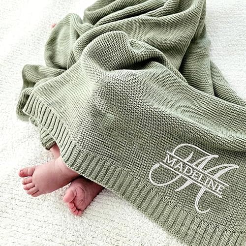 Luxury Personalized Knit Embroidered Baby Name Blanket Custom Embroidered Monogrammed Cotton Nursery Blanket Gifts for Newborn Baby Boy and Girl Newborn Holiday Shower Gift Cotton Knit Stroller 3.