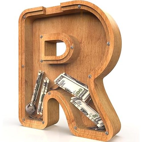 Piggy Bank for Kids Boys Girls, Large Personalized Wooden Letter Piggy Bank with Cut-Out Design, Alphabet Letter Coin Banks, Money Savings Box, Wooden Bank for Kids Creative Gifts for Real-Money(R)