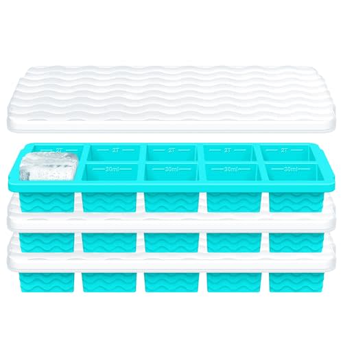 Ice Cube Tray with Lid – 3 Pack 2 Tbsp Ice Trays for Freezer, Stackable, BPA-Free, Easy Release Large Ice Cube Molds for Chocolate, Cocktails, Iced Coffee, Whiskey & Juice (10-cube,blue)