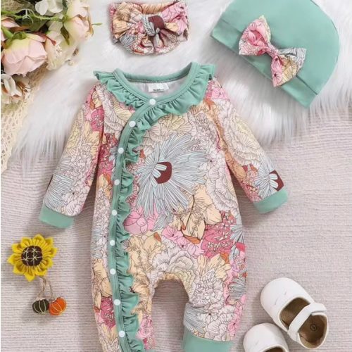 Baby Girl Floral Print Jumpsuit With Hat, Autumn/Winter | SHEIN USA