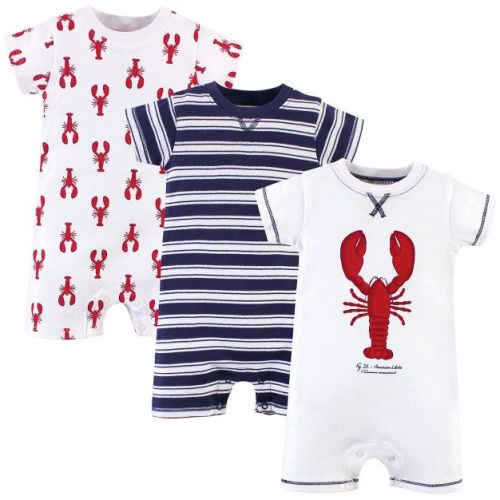 Touched by Nature Baby Boy Organic Cotton Rompers 3pk, Lobster, 12-18 Months