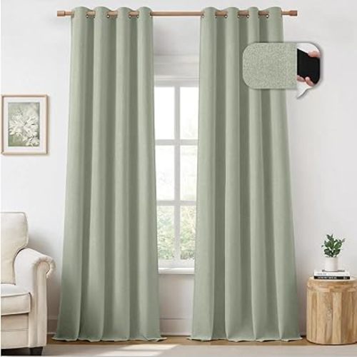 HOMEIDEAS 100% Sage Green Linen Blackout Curtains for Bedroom, 52 x 84 Inch Length 2 Panels Faux Linen Thermal Insulated Black Out Grommet Window Drapes for Living Room