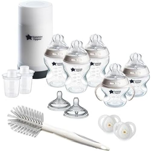 Tommee Tippee Natural Start Ready for Baby Bottle Set, 5oz & 9oz Self-Sterilizing Baby Bottles, Slow & Medium Flow Breast-Like Nipples with Anti-Colic Valves, 0-6 month pacifiers, Travel Bottle Warmer