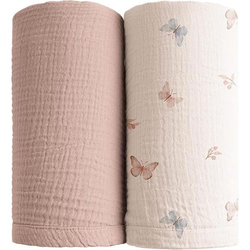 Konssy Muslin Swaddle Blankets for Boys Girls, 2 Pack Receiving Baby Blanket Large 47 x 47 inches, Soft Breathable Swaddling Wrap for Unisex Newborn (Taupe,Butterfly Dreams)
