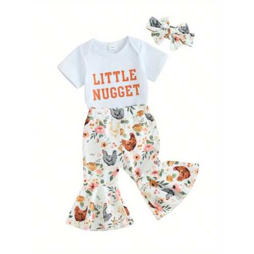Baby Girls Summer Outfit Letter Print Short Sleeves Romper And Chicken Flare Pants Headband 3 Piece Clothes | SHEIN USA