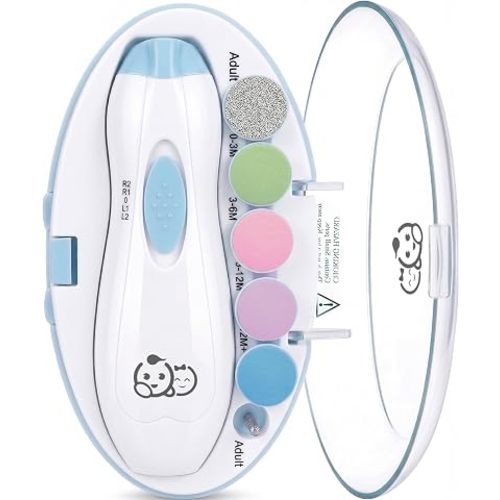 Royal Angels Upgraded 6 in 1 Baby Nail Trimmer with Labeled Case, 4 Colored Pads for Newborns to Toddlers, Whisper Quiet Electric Nail File with LED Light, Safe Manicure Set for Families (Babyblue)
