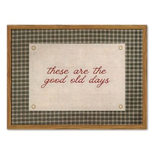 Framed These Are The Good Old Days Wall Art, Vintage Family Inspirational Quote Pictures Wall Decor, Retro Green Gingham Paintings Prints Motivational Home Decor for Living Room Bedroom 12x16 inch