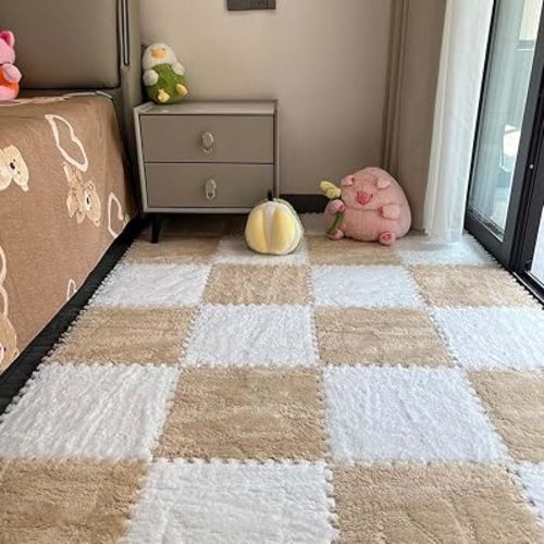 12 Pcs Plush Interlocking Carpet Tiles, Anti Slip EVA Foam Jigsaw Floor Tiles, for Home Kids Room Playroom, 30x30cm (D)