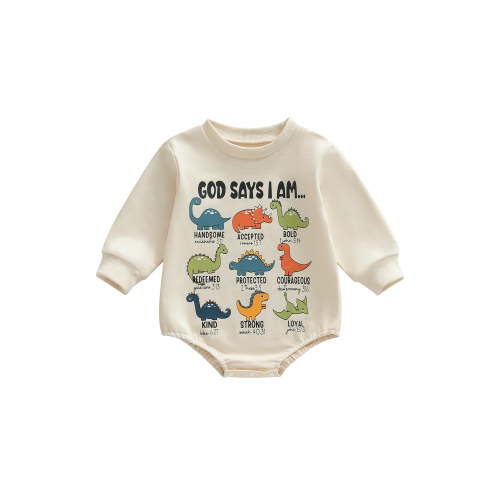 BemeyourBBs Infant Baby Boy God Says I Am Dinosaur Outfit Bubble Rompers Sweatshirt Long Sleeve Crew Neck Cute Fall Winter Spring Jumpsuit Christian Baby Clothes