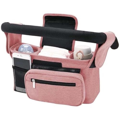 Universal Stroller Organizer with Insulated Cup Holder, Detachable Phone Bag, Shoulder Strap – Fits All Stroller Types, Keeps Drinks Hot/Cold (Pink)