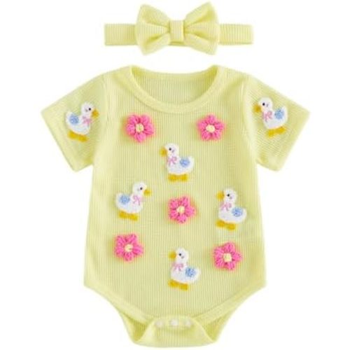 Baby Girls Duck Outfits Duck Embroidery Short Sleeve Romper Floral Bodysuit and Headband Set Hunting Clothes