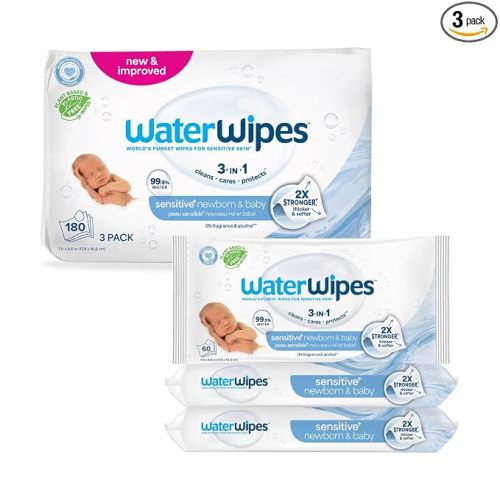 WaterWipes Sensitive+ Newborn & Baby Wipes, 3-In-1 Cleans, Cares, Protects, 99.9% Water, Unscented & Hypoallergenic, 180 Count (3 Packs)