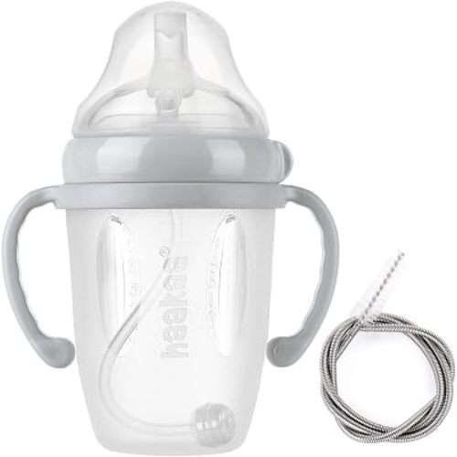 haakaa Silicone Sippy Spout Bottle with Straw Brush - Grey, 8 oz/250ml
