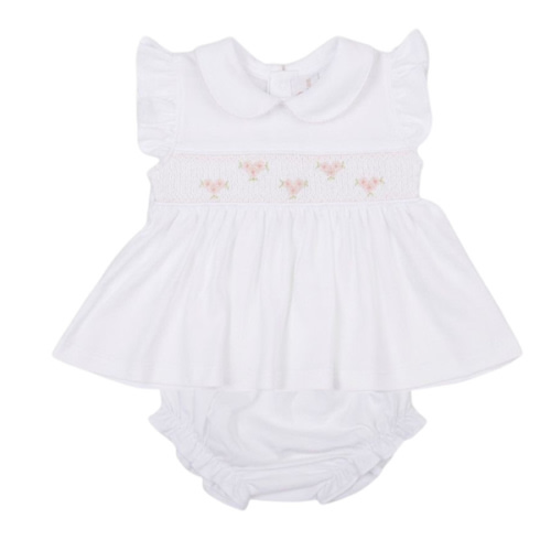 Mio Cotton Pima Cotton Hand Smocked Zuzzel White/Pink Baby Dress Set - Ruffle Me This