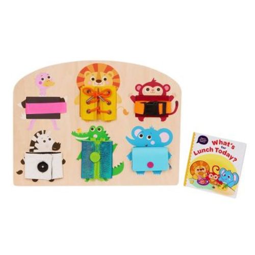 Battat Education What's in my Tummy? Basic Skills Board: Fine Motor Wooden Toddler Learning Toy, 8 Pieces