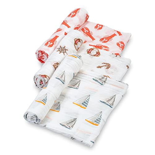 LollyBanks 100% Cotton Muslin Swaddle Blankets, Large 47 x 47 Inches, Soft and Breathable, Cozy Newborn Swaddle, Baby Essentials, Registry (Sail Away 3 Pack)