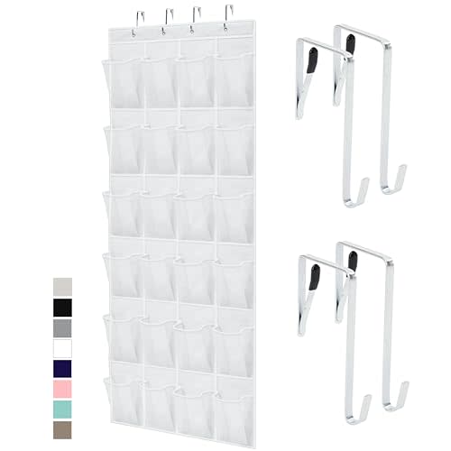 GORILLA GRIP Over the Door Shoe Organizer, 24 Large Breathable Mesh Pockets, Space Saving Hanging Storage Holder, Closet Rack Hanger Holds Up to 40 lbs, Hangs on Closets for Shoes, Accessories, White