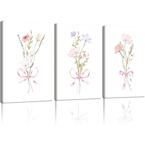 AUUAUU 3 Pcs Framed Watercolor Floral Wall Art Canvas Print Set, Modern Botanical Aesthetic Posters 16x24 Inch Pastel Pink Ribbon Flower Wall Decor for Girl’s Bedroom Nursery Living Room Kitchen