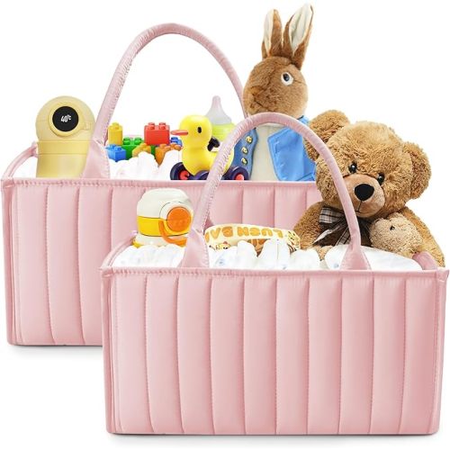 SWEET DOLPHIN 2-Pack Baby Diaper Caddy Organizers, Stylish Storage Baskets for Newborn Essentials, Diaper Station & Car Travel, Value Bundle for Baby Shower Gifts & Registry Must-Haves - Dusky Pink