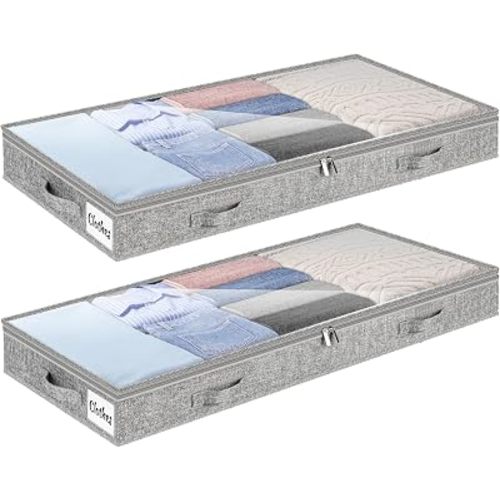 4 Inch Low Profile Under Bed Storage Drawer 2 Pack, Lightweight Underbed Clothes Storage Container Bins With NO STURCTURE, Shallow Storage Bag for Dorm & Home, With Clear Lids & Water-Resistant Fabric