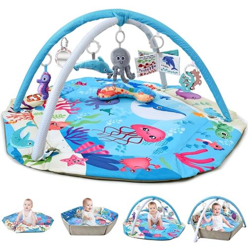 Baby Play Mat & Activity Gym, 8-in-1 Tummy Time Mat for Newborn, Baby Play Gym with Detachable Toys for Sensory Development, Washable Infant Play Mat for Floor 0-6-12 Months