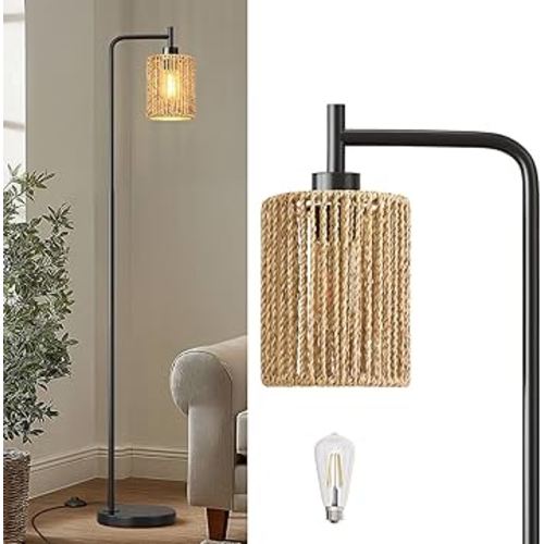 Oneach 66" Black Floor Lamp for Living Room, Boho Floor Lamp with LED Bulb, Rattan Shade, Foot Switch, Industrial Tall Standing Lamp for Bedroom, Dining Room, Study Room, Office