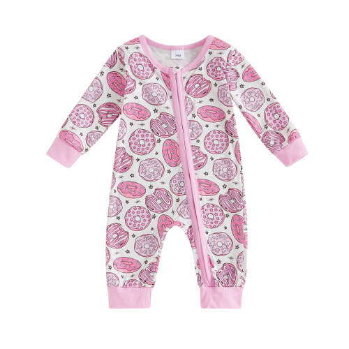 PaerPade Baby Girls Autumn Casual Jumpsuit Long Sleeve Crew Neck Donut Print Oblique Zipper Romper