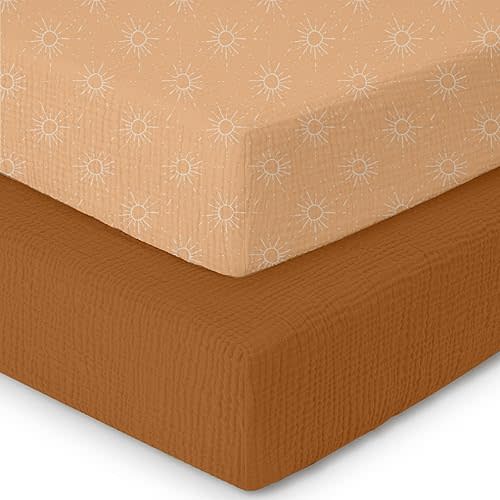 Muslin Crib Sheets–100% Organic Cotton Baby Sheets for Boys & Girls,2 Pack Muslin Mini Crib Sheets for Toddler Mattress,Breathable Crib Mattress Sheets 28''x52''(Sun)