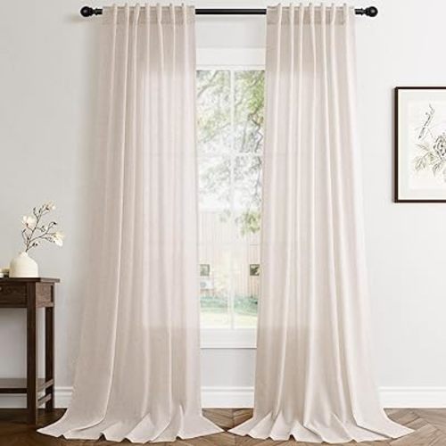 Flax Linen Beige Curtains 84 inches Long 2 Panel for Living Room Back Tab Pocket Drapes Semi Sheer Privacy Khaki Window Curtain Country Rustic Farmhouse Cloth Curtain for Dinning Room Tan