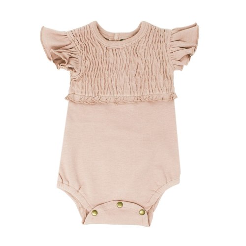 Organic Smocked S-Sleeve Bodysuit in Rosewater
