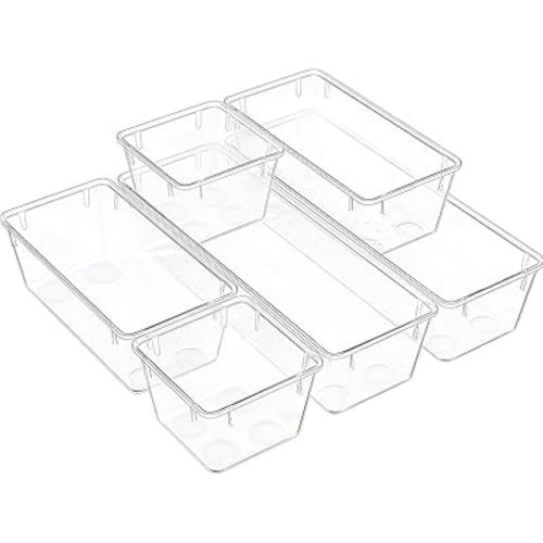 Clear Acrylic Drawer Organizer Trays, 5 Size Junk Box Organization Small Storage Container Bin for Desk Makeup Bathroom Vanity Kitchen Tool Make Up Workspace Home Dorm Apartment Office Room Nightstand