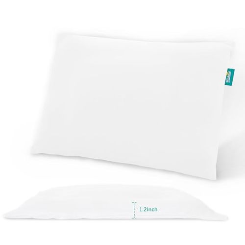 Thin Toddler Pillow with Pillowcase 13” x 18” X 1.2”, Small Kid Pillows for Sleeping, Machine Washable Soft Travel Pillow, Toddler Use Only, Age 2, White