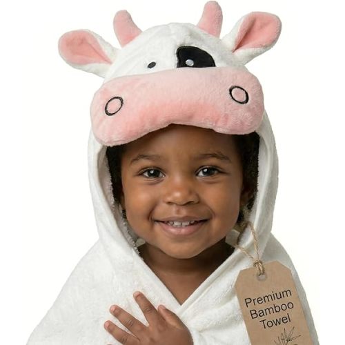 POCASOPA Hooded Towel with Cute Cow Vaquita Design - Rayon Made from Bamboo - Premium Baby Gift - Ultra Soft, Absorbent & Hypoallergenic - Large 35x35” Organic Towel for Newborns, Toddlers & Kids