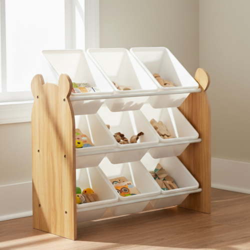 Humble Crew Teddy Bear Kids Toy Storage Organizer with 9 Plastic Storage Bins, White