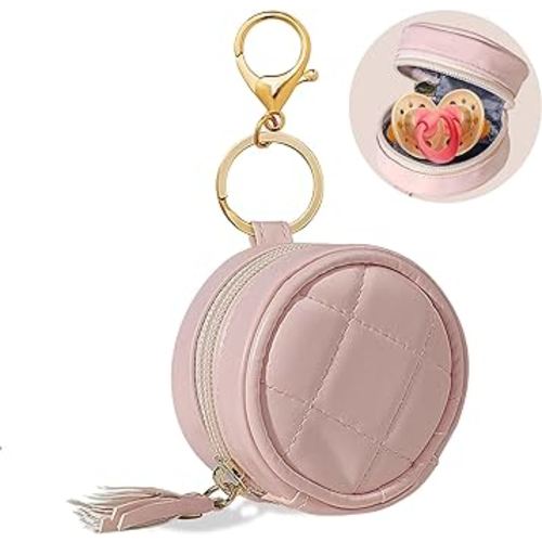Smlpuame Pacifier Holder Case with Clip,PU Leather Pacifier Charm pod with Clasp for Diaper Bag or Purse,Pacifier Pouch Hold 2 Pacifiers,Nipple Shield Case,Outdoor Travel Accessories(Pink)