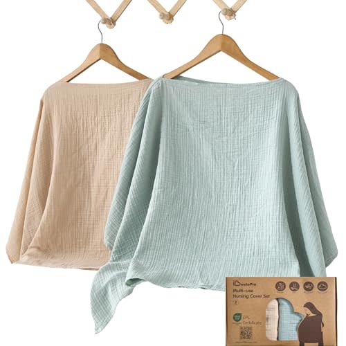 Nursing Cover for Breastfeeding, 2 Pack, 100% Cotton Muslin, 360° Privacy, Lightweight & Breathable, Multi-Use Baby Car Seat & Stroller Cover, Natural Sage & Linen