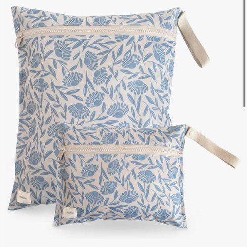 mushie Water Resistant Wet Bags | Large & Small Reusable Storage Bag for Baby Items and Travel | Zippered Pockets with Handle | Machine Washable, Set of 2 (Blue Flowers)