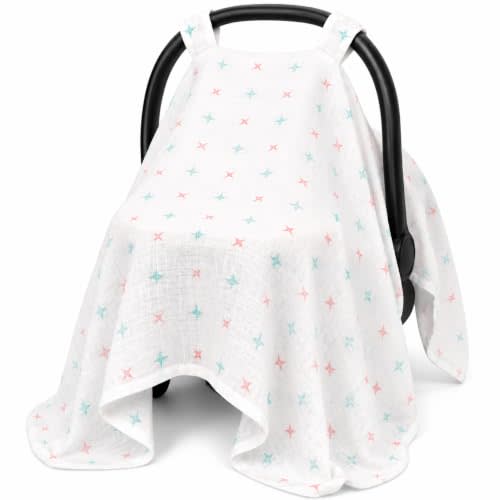 Baby Car Seat Cover Girl Boy, 100% Muslin Cotton Canopy (Star) | Secure Hook & Loop Closure, Breathable Lightweight Design, Baby Essential, Multi-Use Cover, Machine Washable