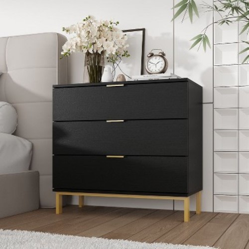 Famapy Black Dresser Large Nightstand With 3 Drawers and Metal Accents Storage Cabinet
