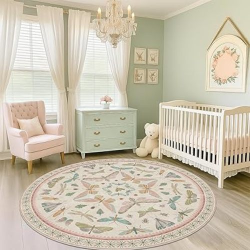 Pink Cute Butterfly 6ft Round Soft Rugs for Girls Bedroom Beside Bed - Non Skid Rug Low Pile Washable Living Room Rugs, Fun Insect Carpet for Playroom, Reading Corner, Low Pile & Soft