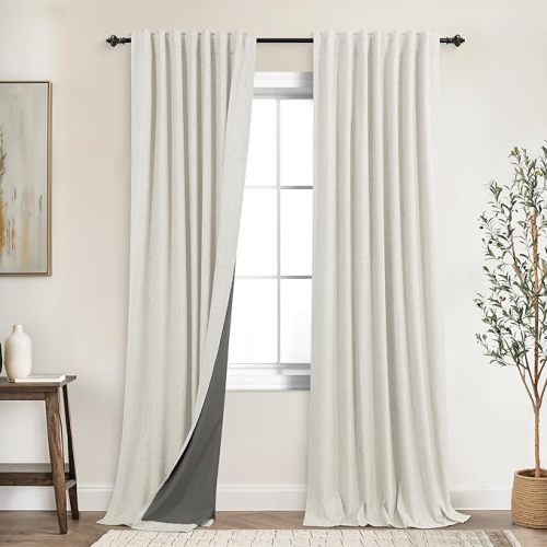 KOUFALL Light Tan Back Tab Linen Blackout Curtains 92 Inches Long