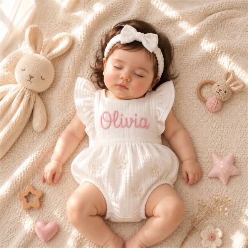 Personalized Newborn Romper, Embroidered Name Baby Outfit, Soft Muslin Cotton Bubble Romper Girl, Coming Home Outfit, Baby Shower Gift