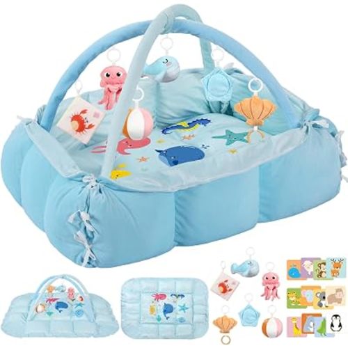 5-in-1 Tummy Time Mat Baby Activity Gym with Cartoon Pattern, Extra Thick Plush Play Floor Mat, Featuring Hanging Toys, Ocean