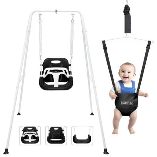 HARPPA 2 in 1 Toddler Swing Set, Foldable Kids Swing and Baby Jumper for Indoor&Outdoor Play, Adjustable Metal Swing Set for Toddler Aged 1~5 Years, Black